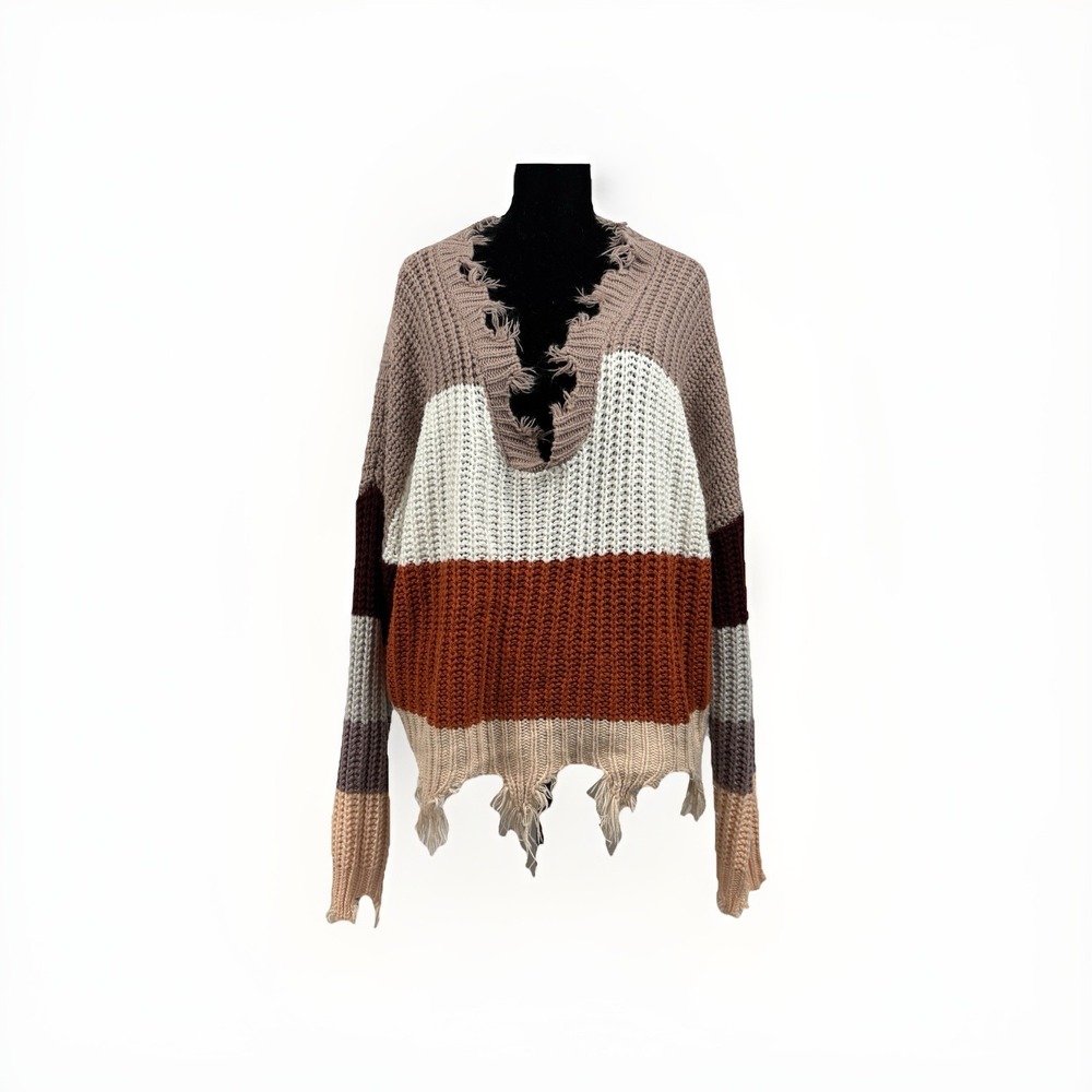 Fab'rik Sweater Women M/L Multicolored Distressed‎ Lagenlook Boho Fringe Y2K